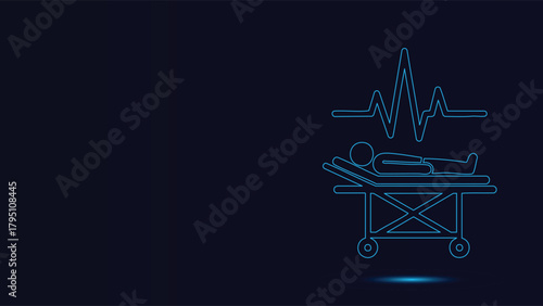 Dynamic Blue Neon Outline Illustration Featuring a Patient Lying on a Hospital Gurney or Stretcher with a Prominent ECG Heartbeat Pulse Monitor Waveform Above Demonstrating Vital Signs and E