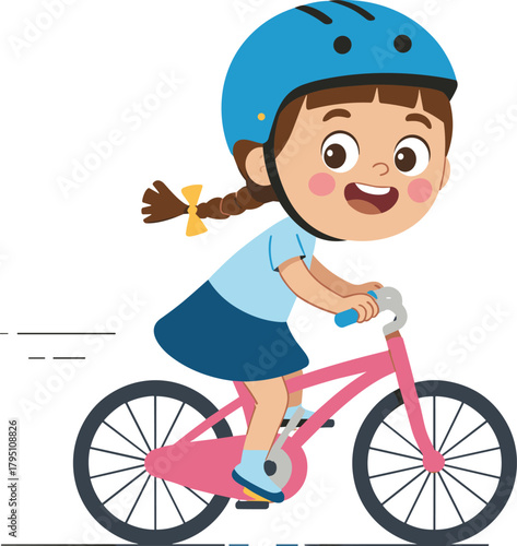 Cute cartoon girl riding pink bicycle wearing safety helmet, happy child cycling illustration for kids education, outdoor activity and playful design