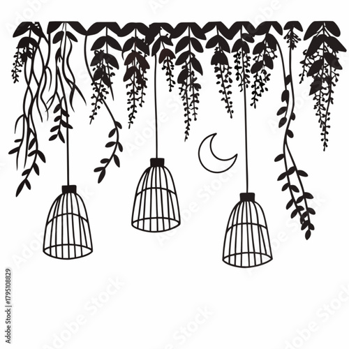 Minimilist silhouette of hanging plants with leaves and flowers and bird cages with a moon in the background vector