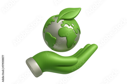 Green hand holding a sprouting planet earth isolated on transparent background