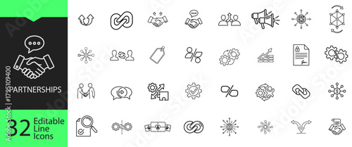 Partnerships and collaboration line icon set. 32 editable outline symbols for affiliate marketing, business agreement, handshake, and teamwork.