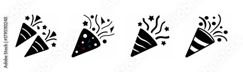 Set of party popper icons with confetti and stars for celebration design