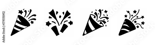 Party popper and confetti icons collection. celebration, joy, festive event