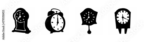 Variety of clock icons: timepiece silhouettes for design and decoration