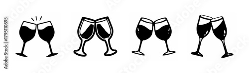 Hand-drawn wine glasses toasting icons set, celebrating party toast drinks