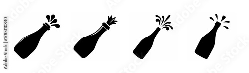 Champagne bottle popping, effervescent celebration icon set for events