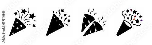 Set of party popper and confetti icons for celebration and event designs
