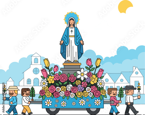 Religious procession with Virgin Mary statue and flower float