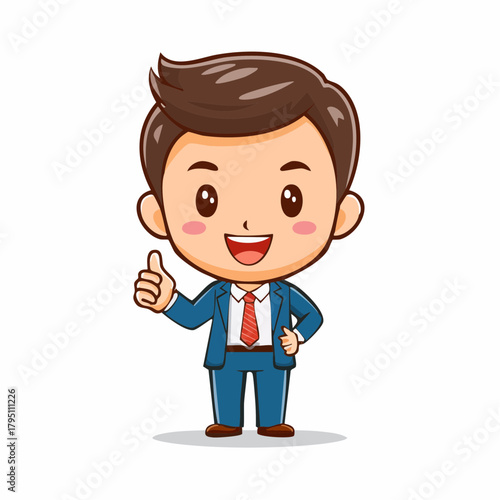A cheerful young businessman in a formal blue suit gives a thumbs-up, a cute chibi character mascot symbolizing success and positive feedback