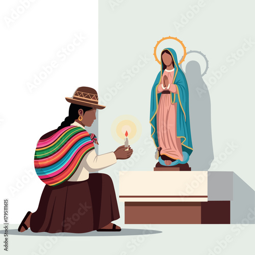 Andean woman lights candle before Virgin Mary statue
