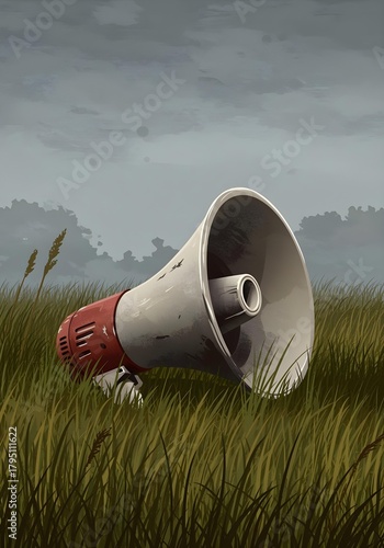 old rusty megaphone  on grass field 