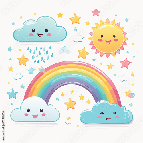 Delightful Weather Rainbow, Clouds, Stars & Sun in a Kawaii Style