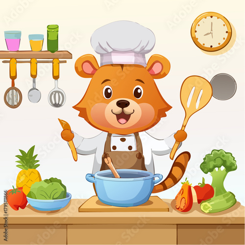 Adorable cartoon tiger chef happily preparing a healthy meal with fresh vegetables in a vibrant kitchen illustration