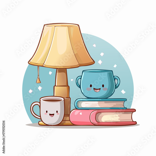 Whimsical illustration for a cozy evening, showcasing happy coffee mugs, a stack of colorful books, and a glowing lamp, inviting peaceful relaxation and reading time