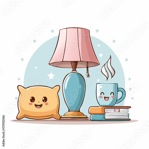 Adorable illustration of a cozy evening scene featuring a smiling pillow, a comforting table lamp, a happy hot drink mug, and a stack of books, perfect for relaxation and quiet moments at home
