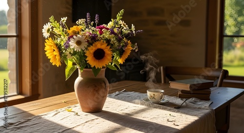 cozy autumn morning sunflowers tea books rustic home