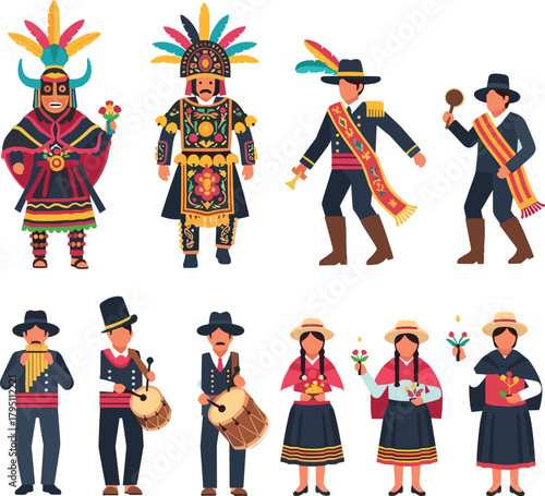 Traditional Peruvian Festival Characters in Colorful Costumes