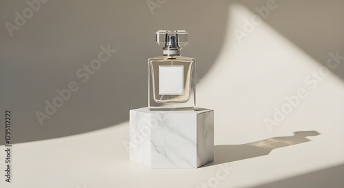 elegant perfume bottle marble stand sunlight shadow