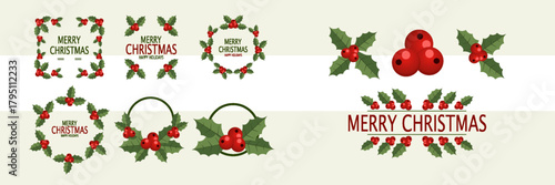 Christmas holly berry wreaths and festive decorations with Merry Christmas text in classic holiday style vector illustration