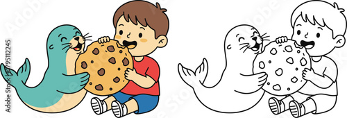 Happy Boy and Cute Baby Seal Sharing a Giant Chocolate Chip Cookie Sweet Friendship Vector