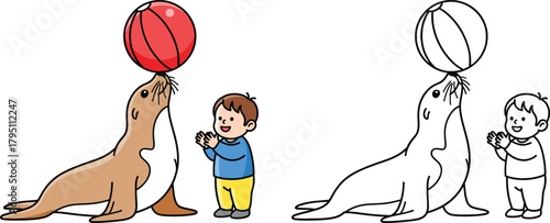 Happy Boy Clapping for a Sea Lion Balancing a Ball Cute Animal Show Vector