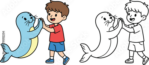 Happy Boy Giving High Five to a Cute Baby Seal Friendship and Playtime Vector