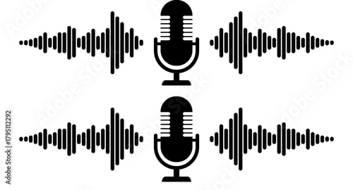 Microphone with soundwave audio signals vector design for podcast recording and broadcasting equipment illustration