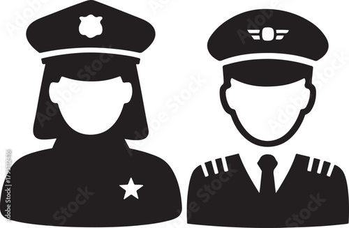 Police officer and pilot professional avatars, jobs, career silhouettes.