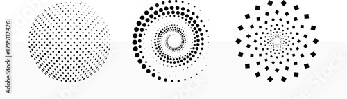 Abstract circular halftone dot patterns with spiral and geometric shapes vector design for creative projects