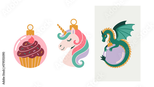 Whimsical Ornaments: Delightful Christmas ornament featuring charming illustrations of a cupcake, a unicorn and dragon, perfect for adding a touch of magic to your holiday decor.