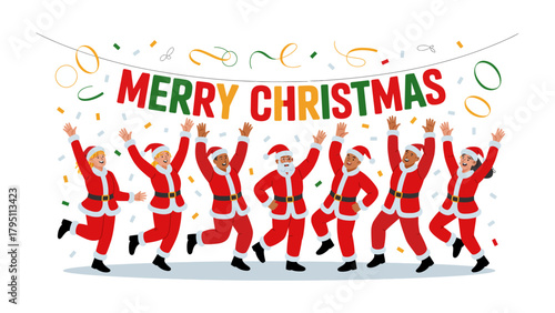 Joyful Christmas Celebration: A festive illustration of diverse individuals dressed as Santa Claus, dancing and celebrating with colorful confetti under a Merry Christmas banner.