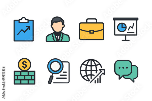 Modern Business Icon Set – Clean Line Flat Design (08 Unique Icons) A premium collection of 08 modern business icons designed in a clean flat-design style. Each icon is unique, minimal and perfect. 