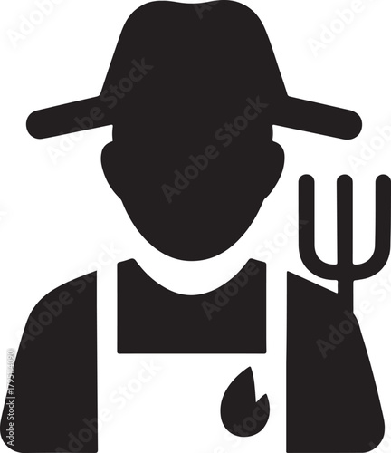 Agricultural worker with hat and pitchfork icon, farm labor symbol concept