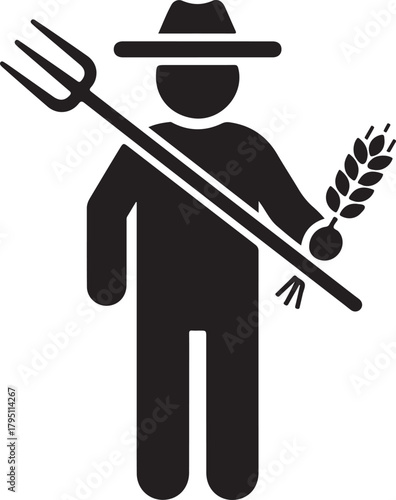 Farmer icon holding a pitchfork and wheat stalk representing agriculture