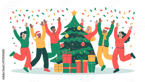 Festive Cheer: A diverse group celebrates the joy of the holiday season, gathering around a decorated Christmas tree with gifts, laughter, and confetti.