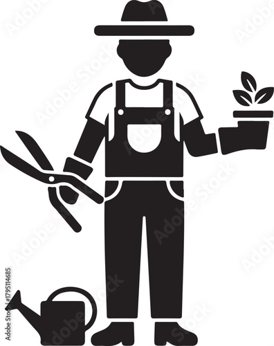 Gardener icon with hat, shears, potted plant, and watering can illustration.