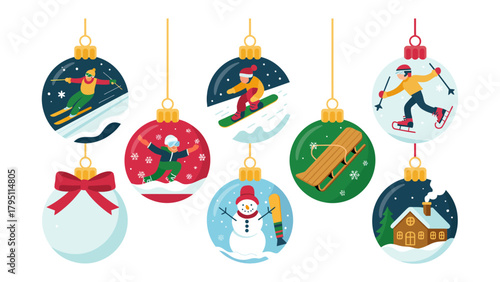 Festive Ornaments of Winter Activities: A collection of decorative ornaments showcases a variety of winter sports and activities.