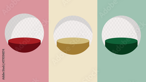 The image displays three abstract, minimalist illustrations of podiums or product display stands in different colors. 