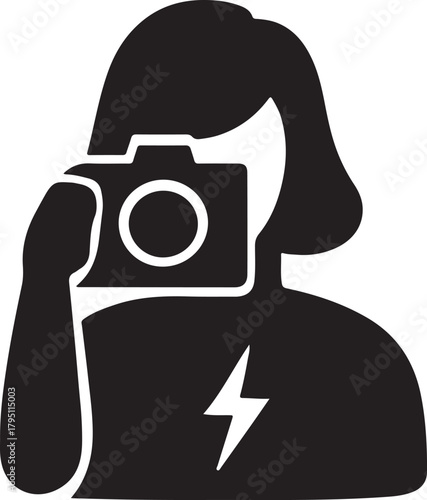 Photographer icon with camera and flash symbol, black silhouette design