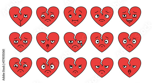 Emotional Heartbreak Cartoon Hearts Expressing Sadness and Pain