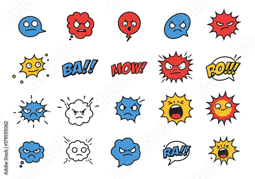 Collection of colorful cartoon style angry emotion icons representing various expressions of rage and frustration