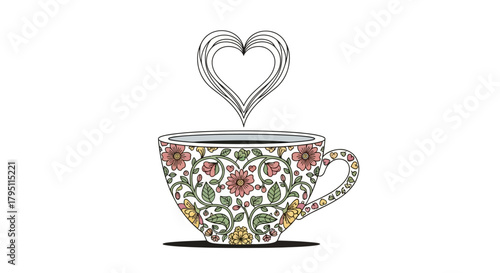 A charming floral teacup with a heart shape rising from the steam, symbolizing warmth and affection, perfect for cozy moments