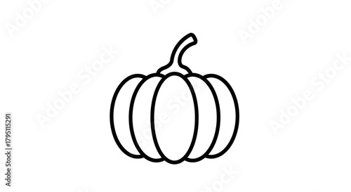 Simple pumpkin line art icon, a minimalist black and white vector graphic symbol. This isolated illustration represents autumn, Halloween, and harvest festival concepts