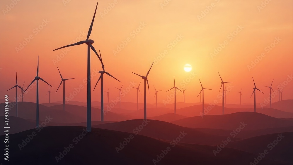 Obraz premium Golden Sunset Wind Turbines – Clean Energy Landscape Photography
