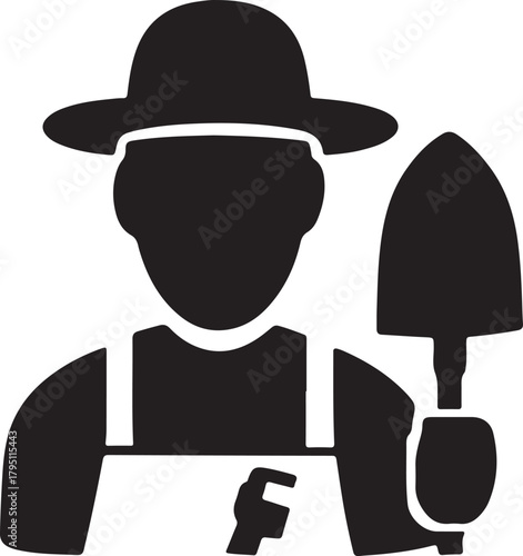 Gardener icon with shovel and hat, a worker symbol for landscaping and farming