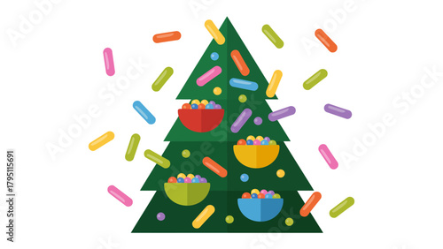 Joyful Christmas: A vibrant Christmas tree is adorned with colorful sprinkles and a burst of joyful confetti. An atmosphere of playful cheer and festive delight.