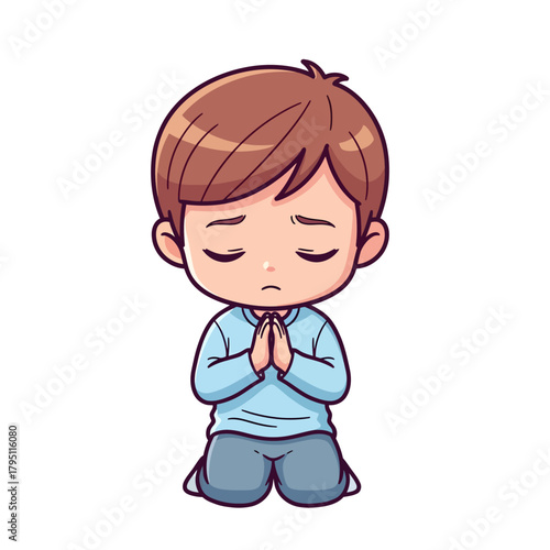 A sorrowful anime chibi boy in a blue shirt kneels with closed eyes and hands clasped together, as if in heartfelt prayer or apology
