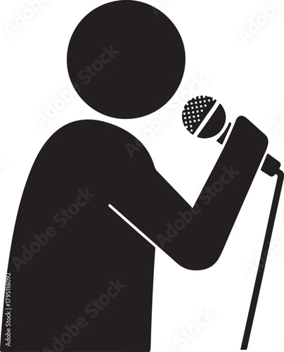 Black silhouette icon of a person speaking into a microphone on a stand