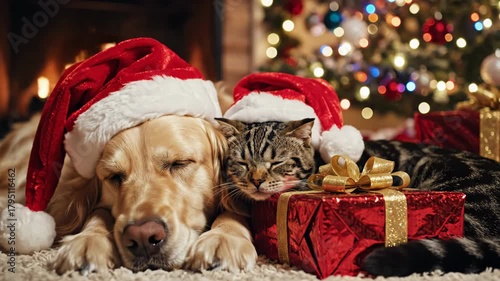 Adorable dog and cat friends celebrate Christmas wearing Santa hats by a warm fireplace with festive gifts and a decorated tree