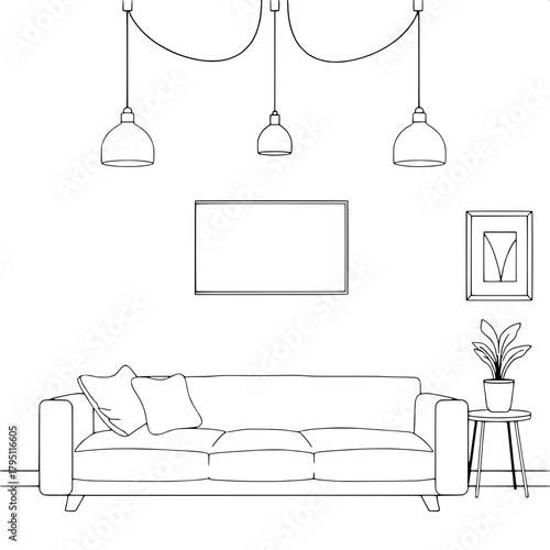 “Minimal line-work drawing of a modern interior scene. Sofa on the lower left with large pillows. Wall-mounted TV centered, pendant lights symmetrical overhead. Side table with potted plant on the rig
